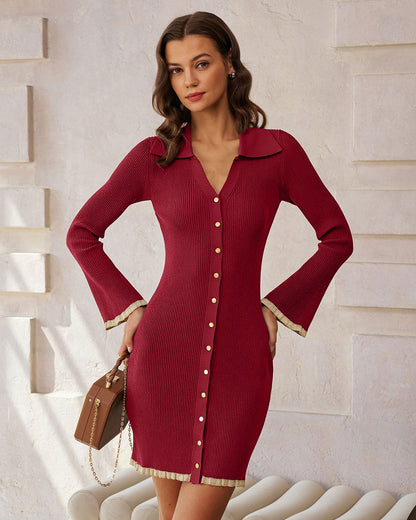 Wine red bell sleeve sweater mini dress - view 2