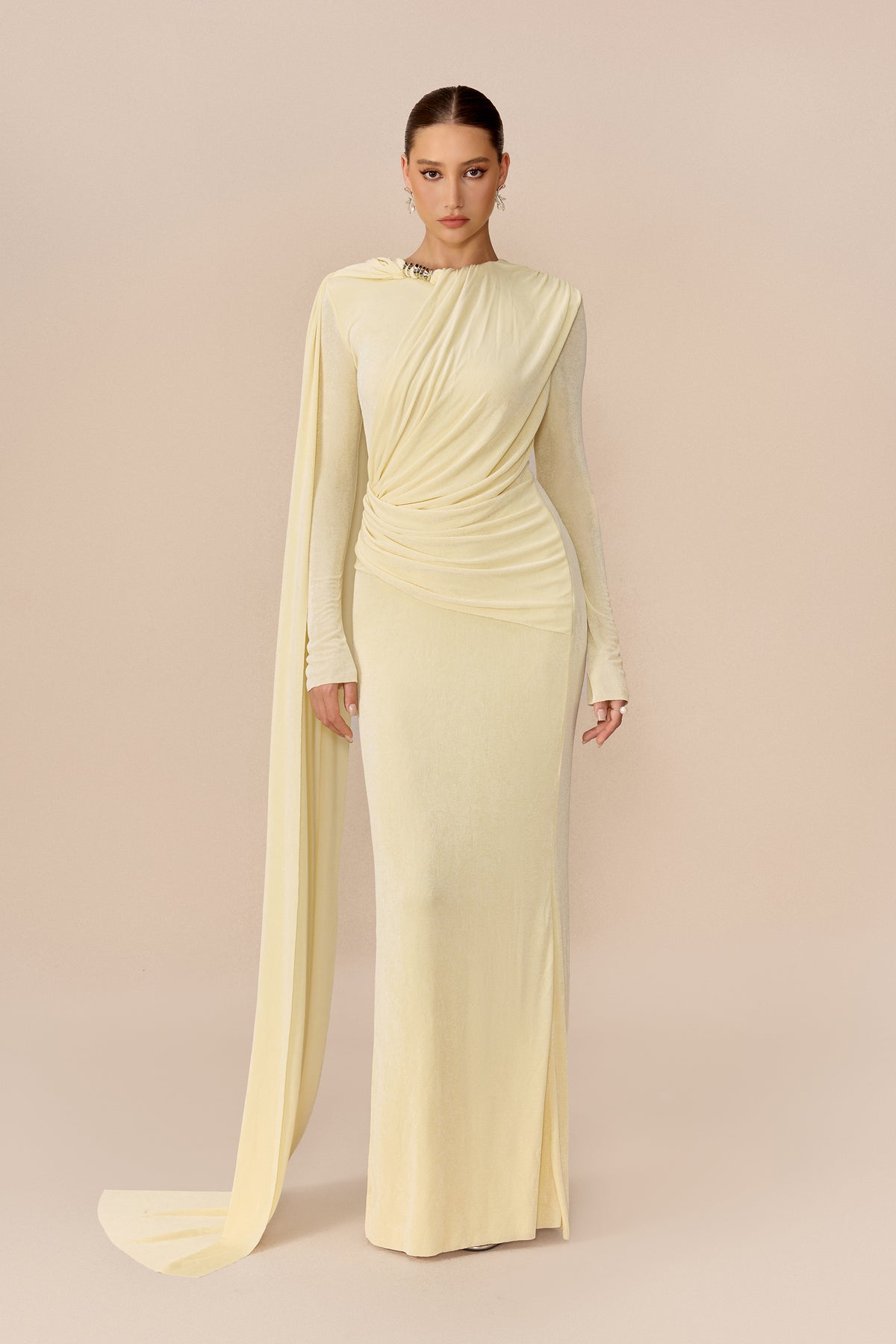 Yellow cape-drape ruched maxi dress with high neck - view 2