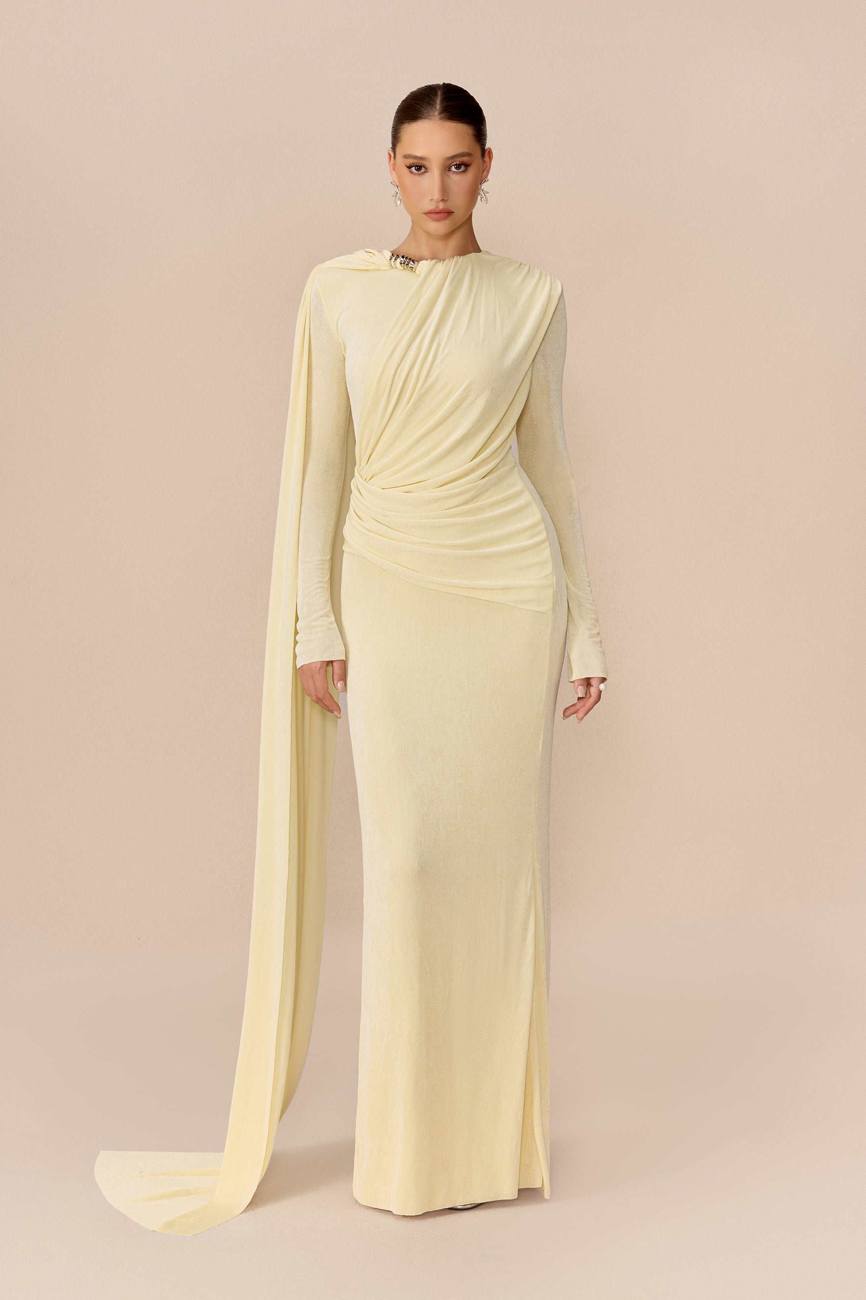Yellow cape-drape ruched maxi dress with high neck - view 2