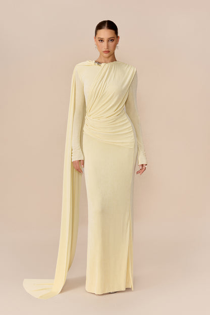 Yellow cape-drape ruched maxi dress with high neck - view 2