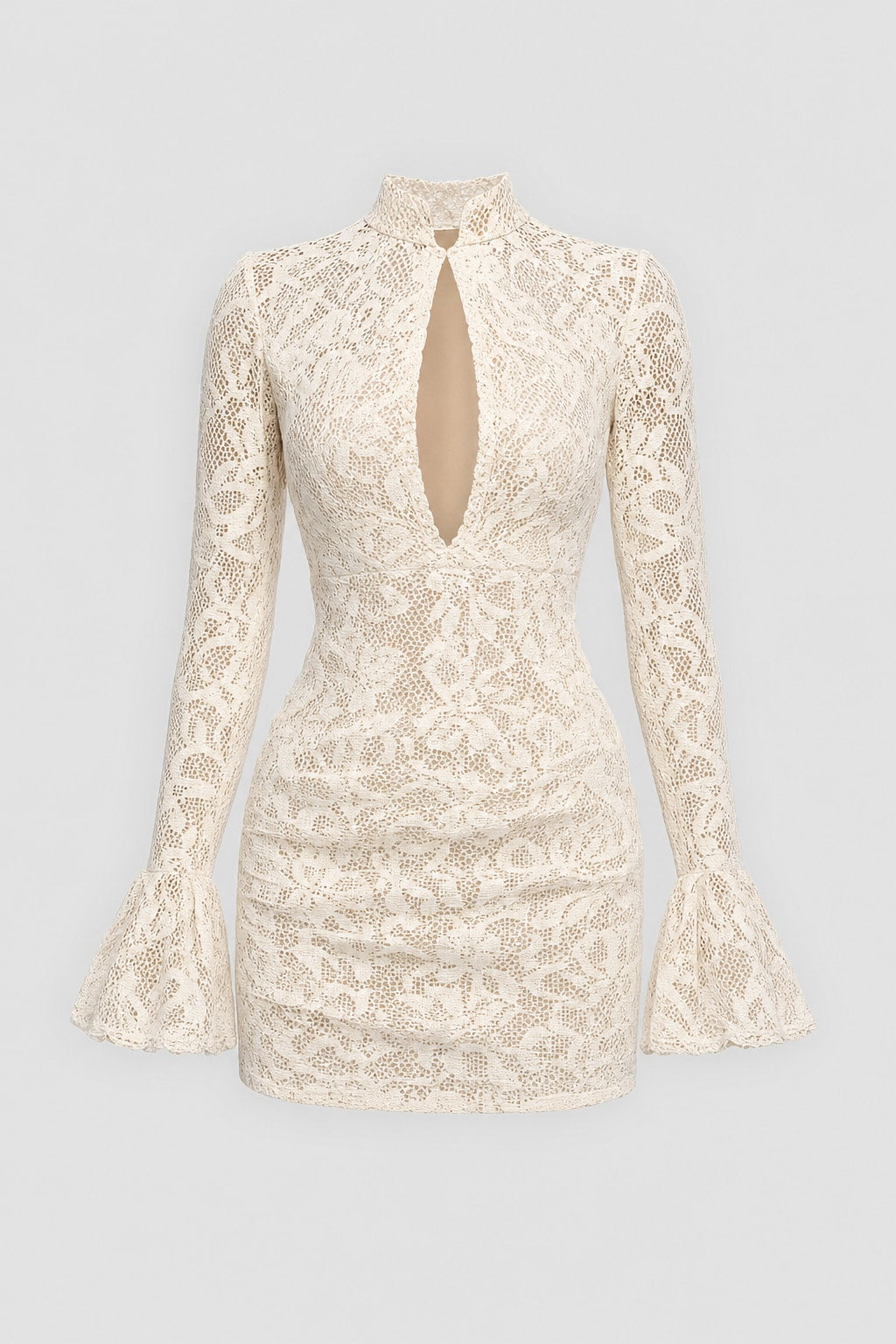 Ivory Lace Mini Dress With Fluted Cuffs - 1