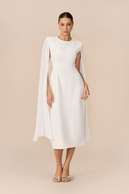 White pleated cape sleeve midi dress - view 2