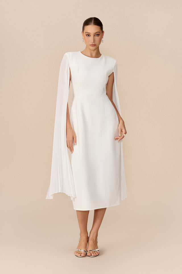 Terylene Pleated Cape Sleeve Midi Dress - 2