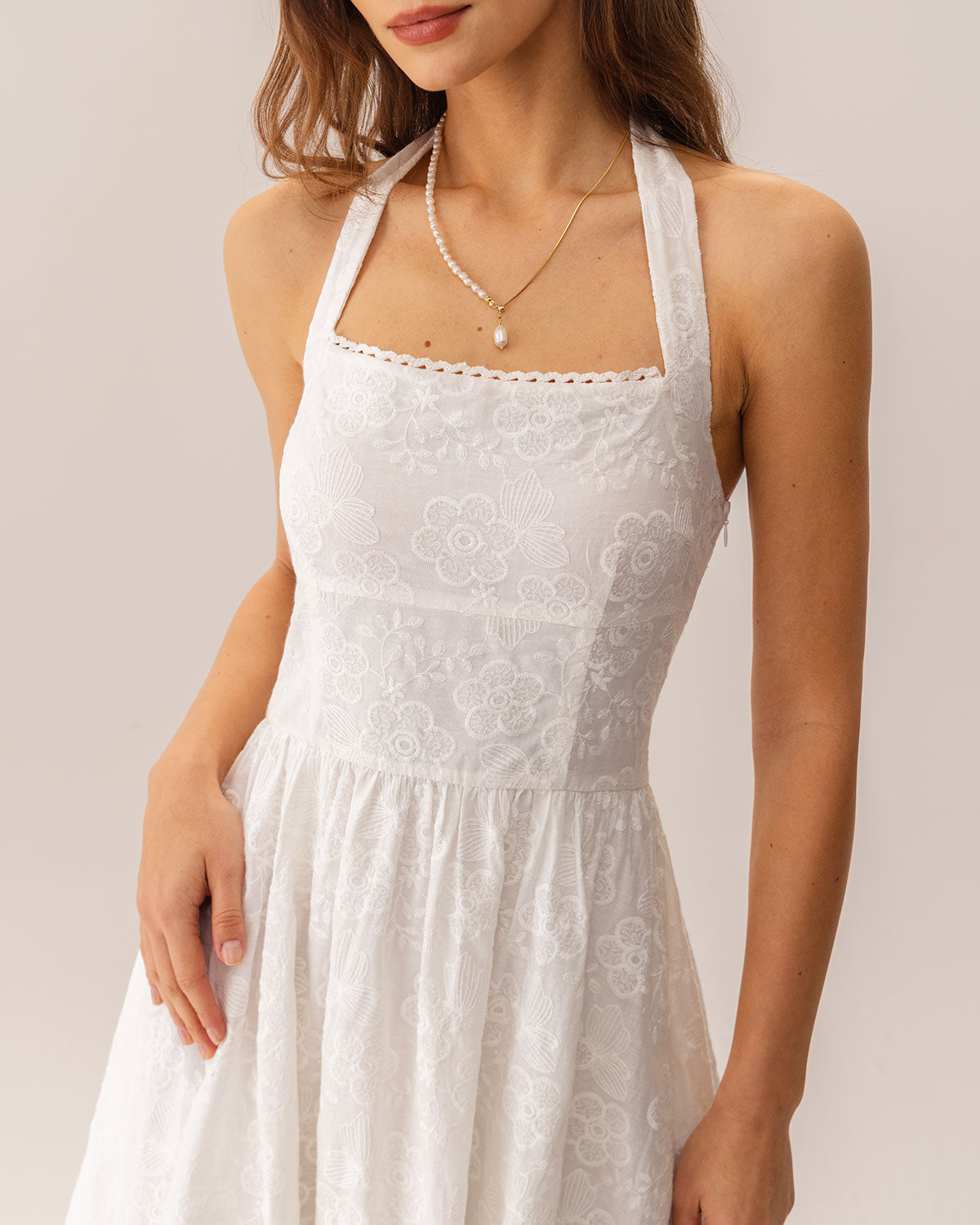 White Cotton Embroidered Halter Midi Dress - view 3