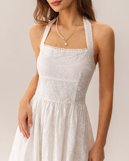 White Cotton Embroidered Halter Midi Dress - view 3