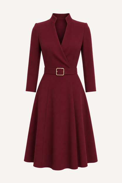 V-Neck Long Sleeve Midi Dress