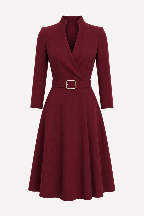 V-Neck Long Sleeve Midi Dress