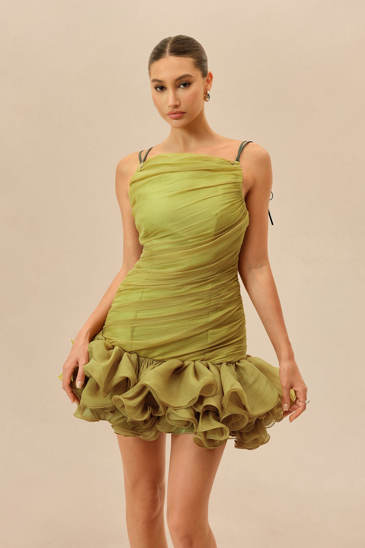 Olive ruched mini dress with ruffle hem - view 3