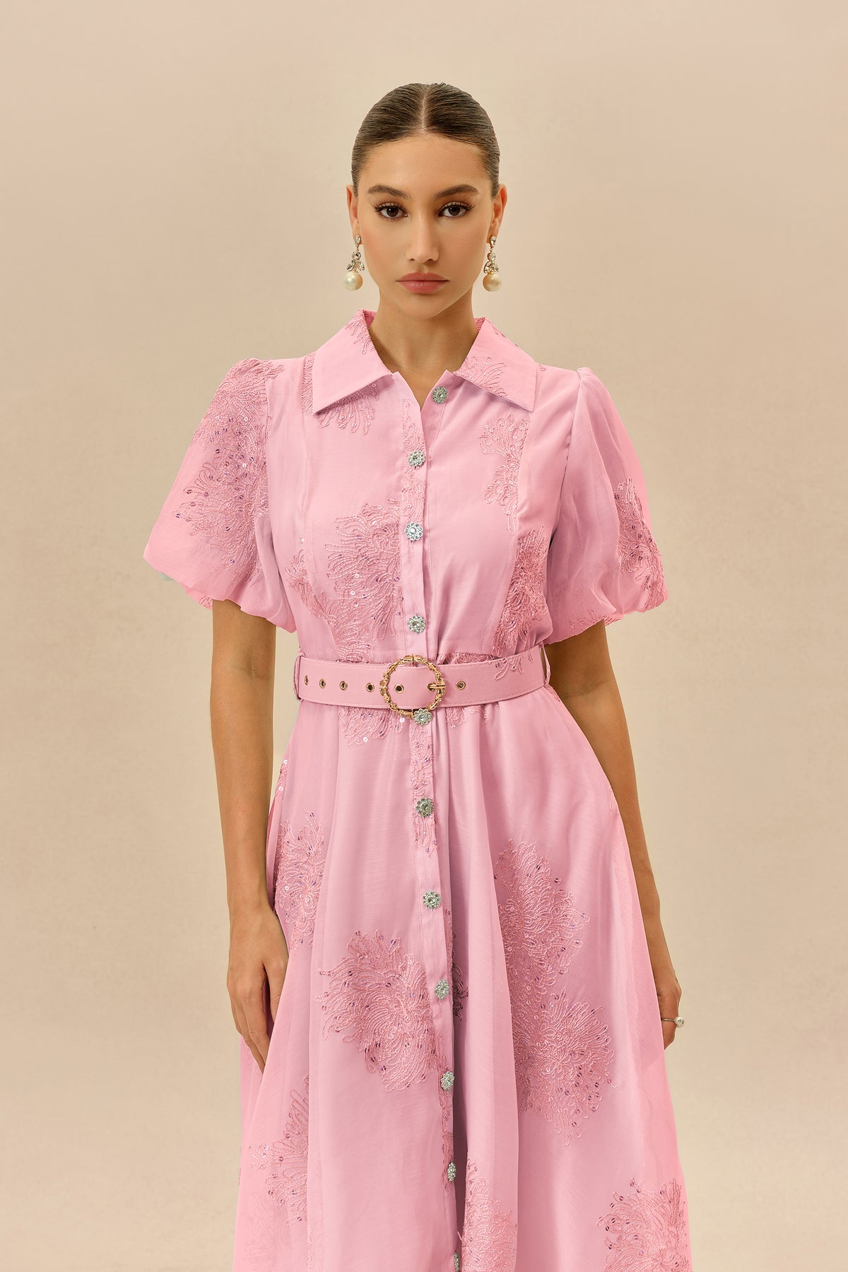 Pink Embroidered Belted Shirt Maxi Dress - view 3