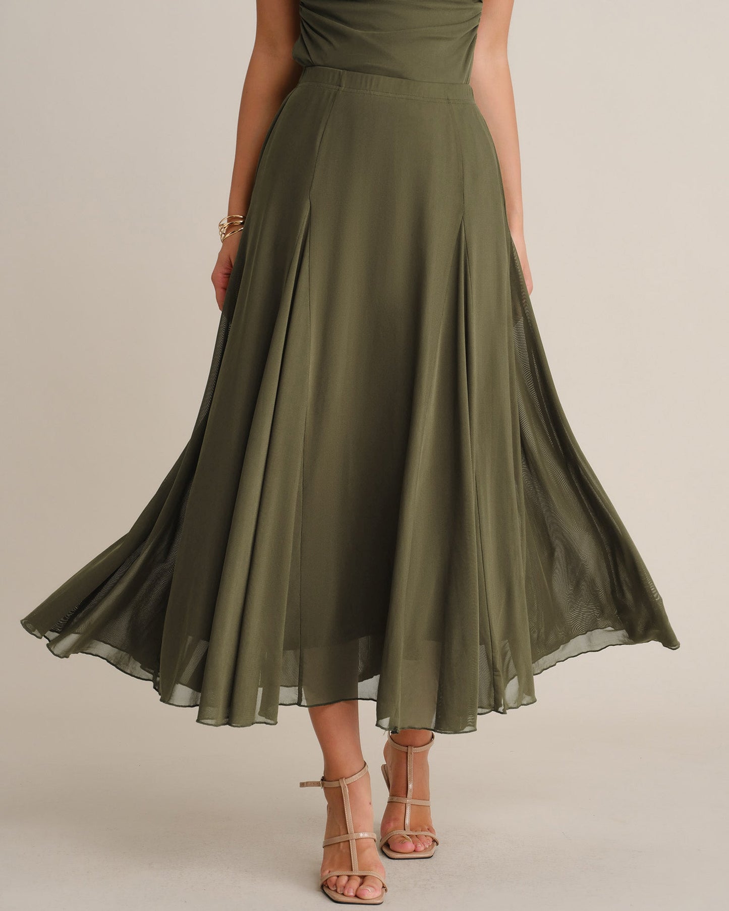 Green Mesh A-Line Midi Skirt, Elastic Waist - view 5