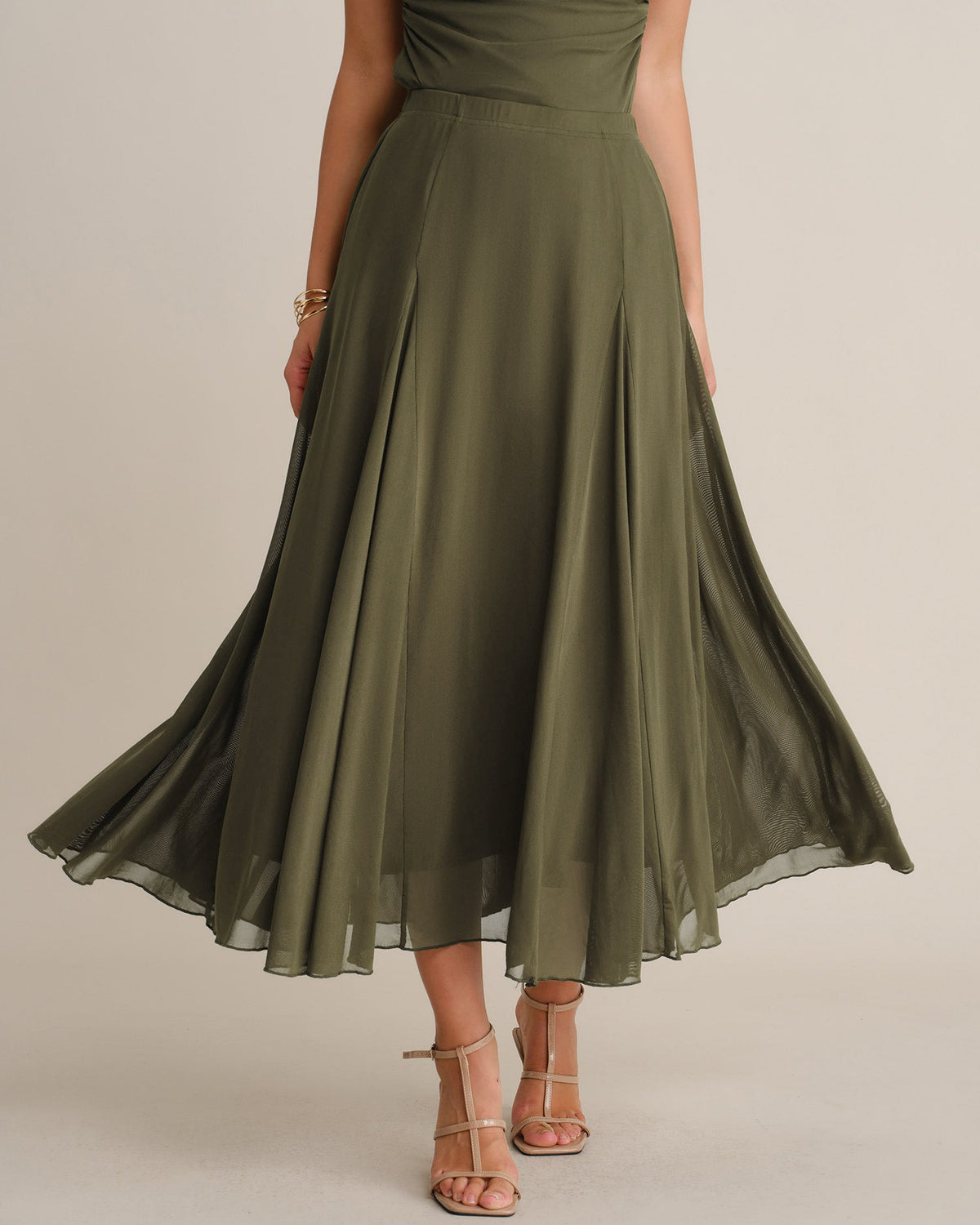 Green Mesh A-Line Midi Skirt, Elastic Waist - view 5