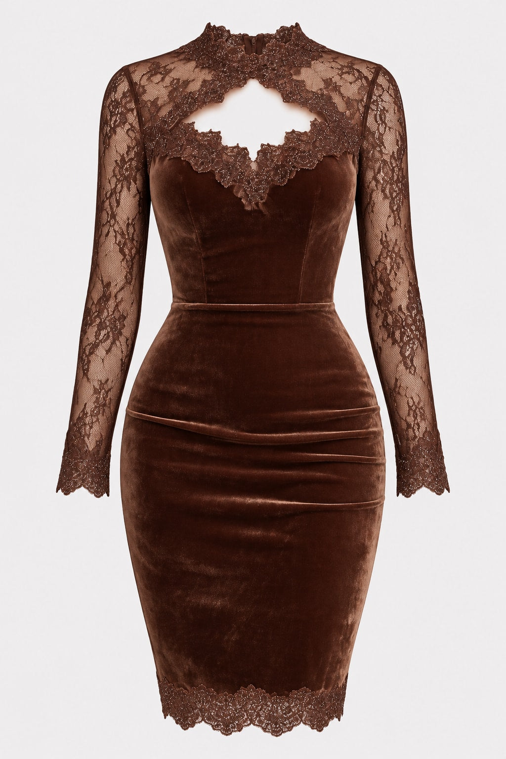 Velvet Mini Dress Brown Keyhole Neck - 1