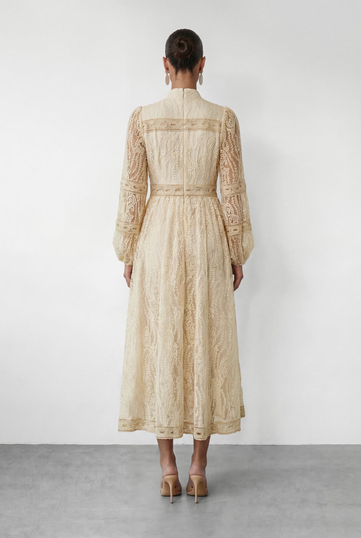 Beige Lace Stand Collar Puff Sleeve Maxi Dress - view 4