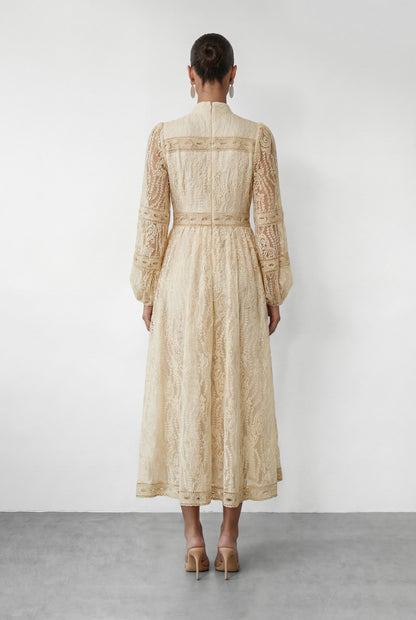 Beige Lace Stand Collar Puff Sleeve Maxi Dress - view 4