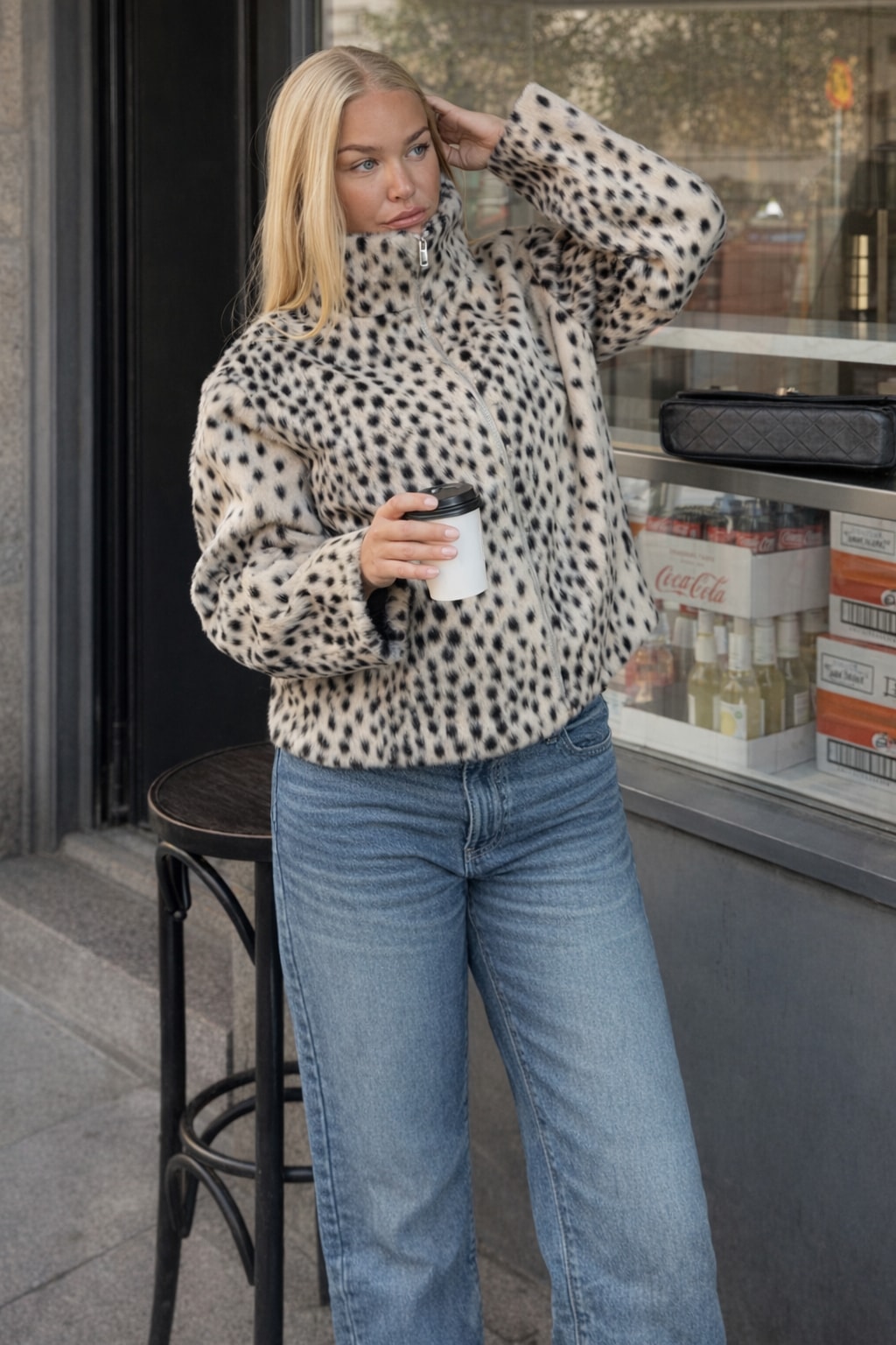 Faux Fur Leopard Print Jacket Cropped Stand Collar - 2