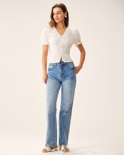 White Floral Eyelet Cotton Blouse, Tie Back - view 5
