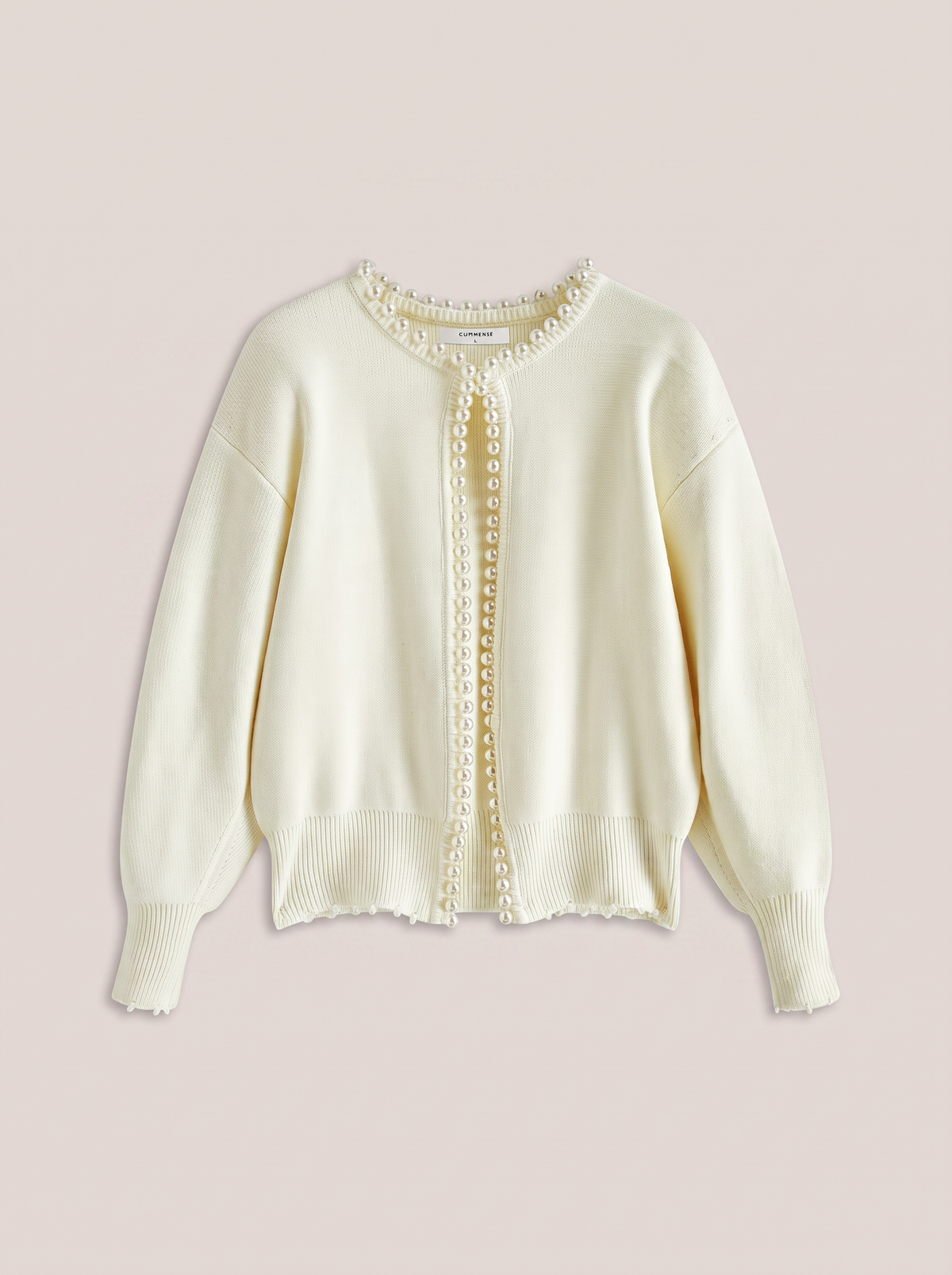 White knit cardigan with pearl trim