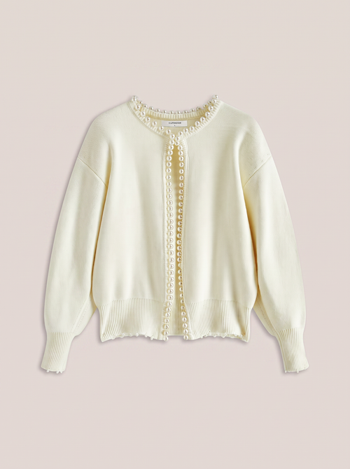 White knit cardigan with pearl trim