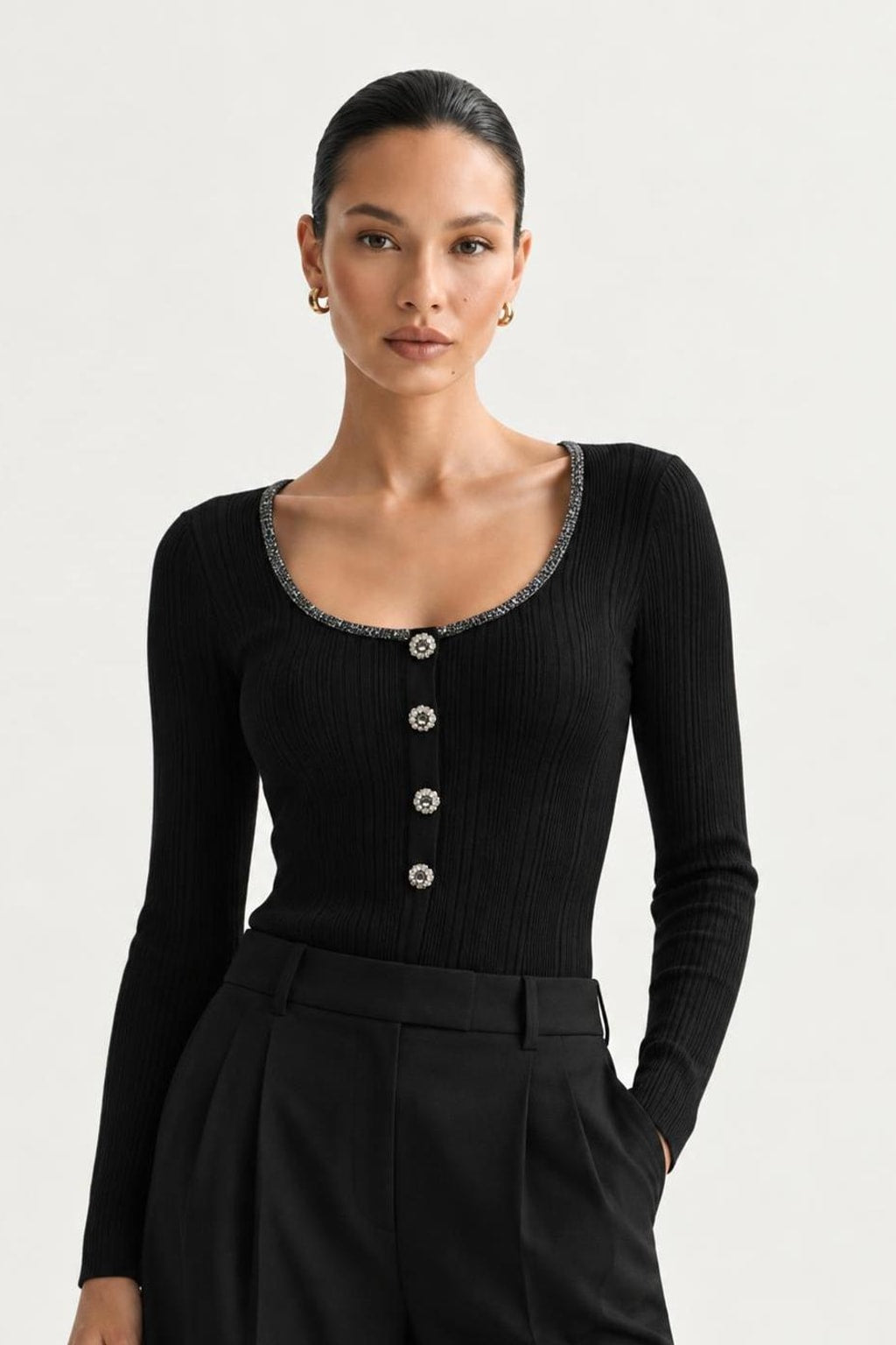 Viscose-Wool Blend Diamond-Embellished Scoop Neck Top - 5