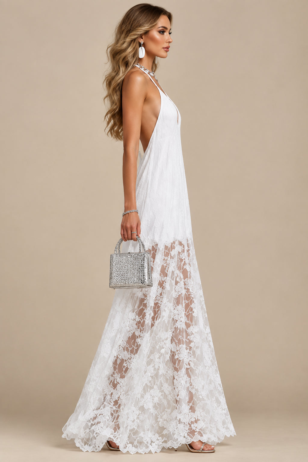 Polyester Maxi Dress With Floral Lace - 2
