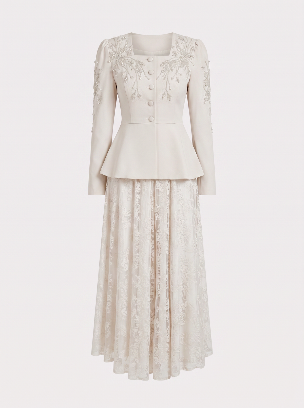 Pearl Peplum Jacket and Lace Maxi Dress Set
