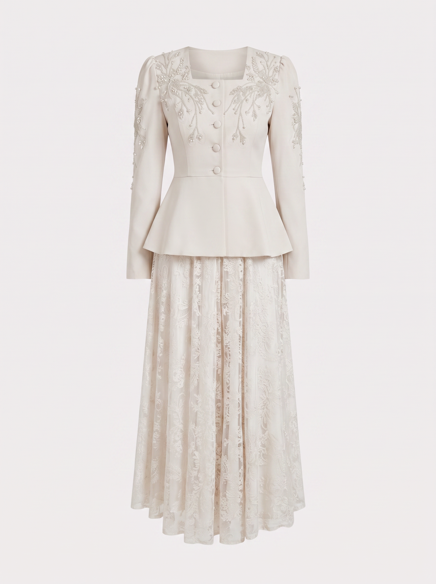 Pearl Peplum Jacket and Lace Maxi Dress Set