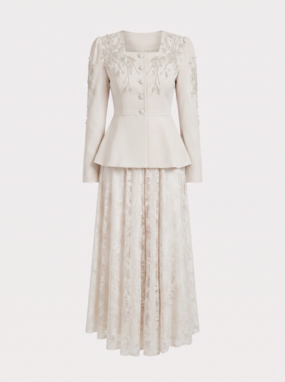 Pearl Peplum Jacket and Lace Maxi Dress Set
