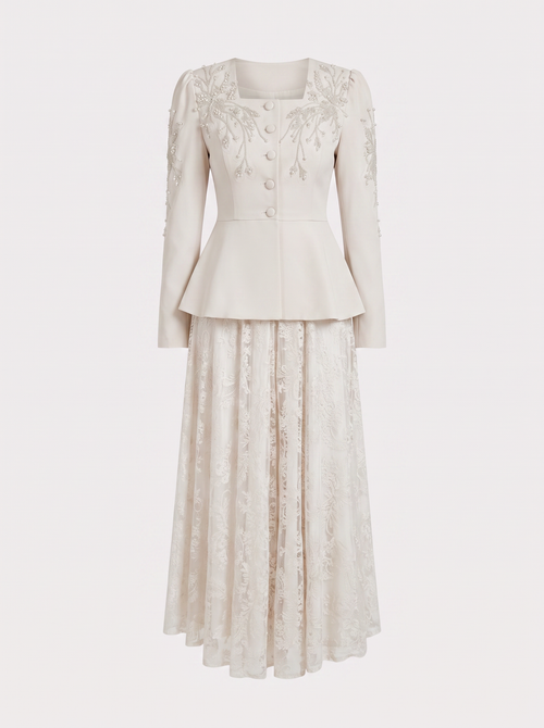 Pearl Peplum Jacket and Lace Maxi Dress Set