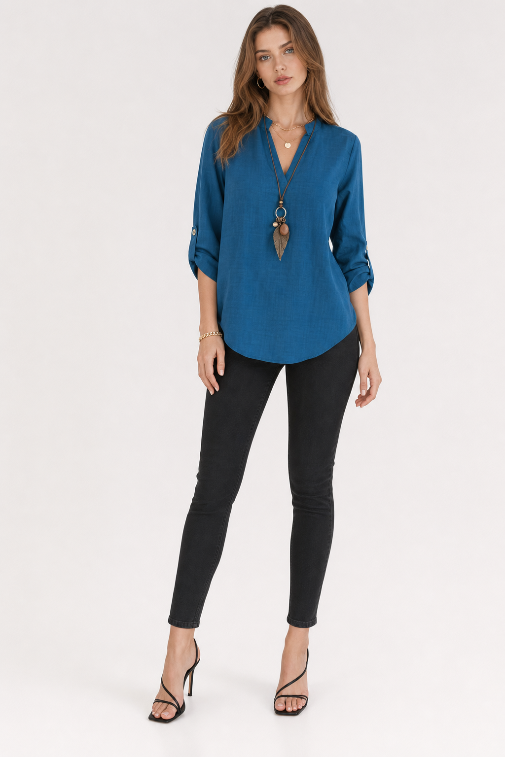 Elegance V-Neck Blouse With Roll-Tab Sleeves - 2
