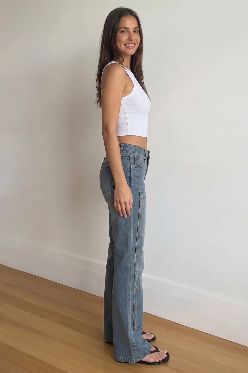 Denim Wide Leg Pants with Button Detail - 4