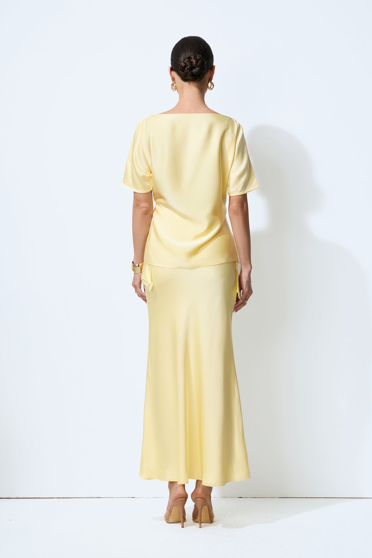 Yellow satin blouse and skirt set with lace trim - view 4