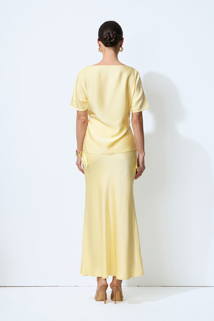 Yellow satin blouse and skirt set with lace trim - view 4