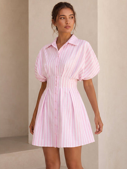 Striped Cotton Blend Shirt Dress, Cinched Waist - view 2