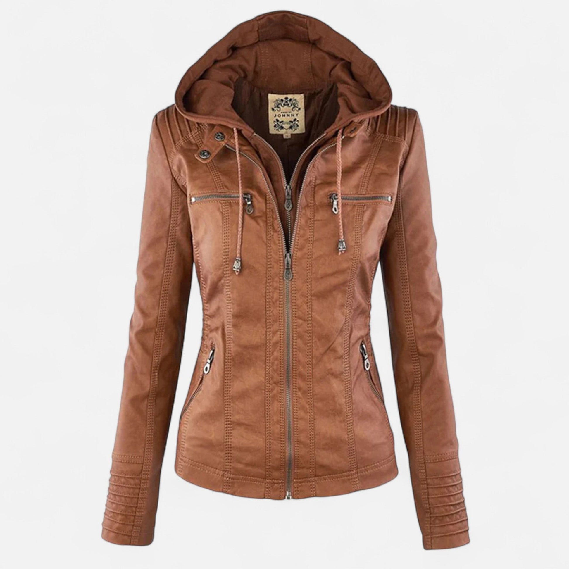Faux Leather Hooded Moto Jacket, Zip Cuffs - view 7