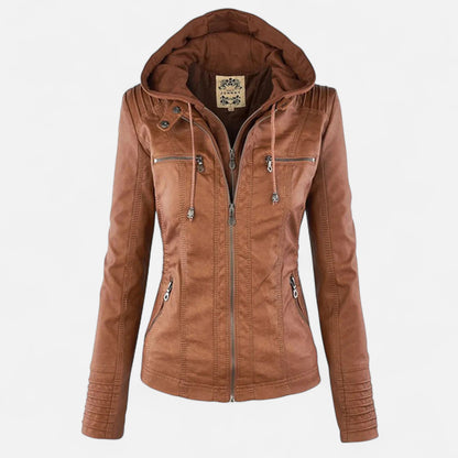 Faux Leather Hooded Moto Jacket, Zip Cuffs - view 7