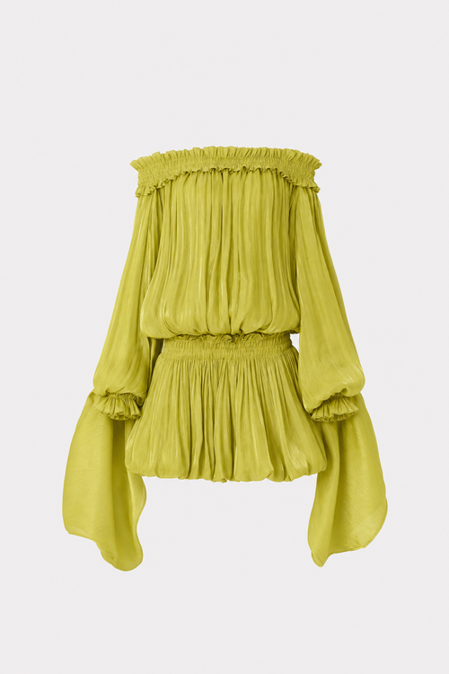 Green Off-Shoulder Ruffle Mini Dress, Pleated