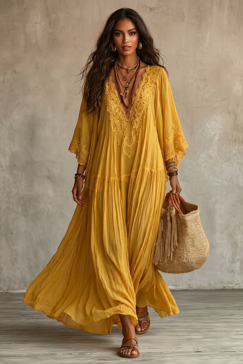 Lace-Trim Maxi Dress With Batwing Sleeves - 6