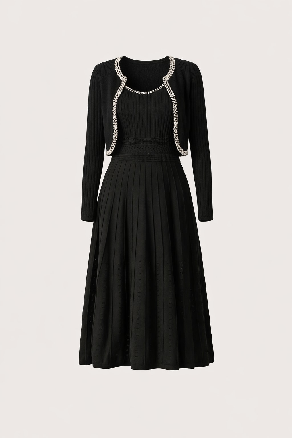Viscose Knit Dress and Cardigan Set With Rhinestone Trim - 1