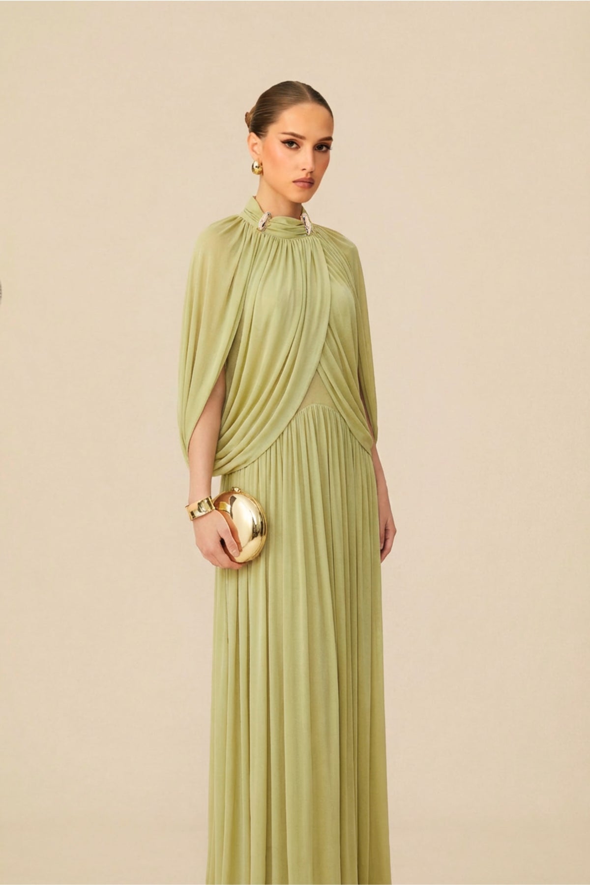 Green Draped Maxi Dress with Cape Sleeves - view 4