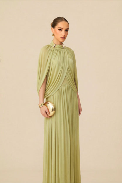 Green Draped Maxi Dress with Cape Sleeves - view 4
