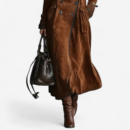 Faux Suede Double-Breasted Long Trench Coat - view 6