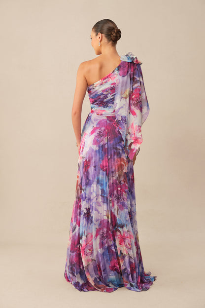 Purple Floral One-Shoulder Chiffon Maxi Dress - view 4