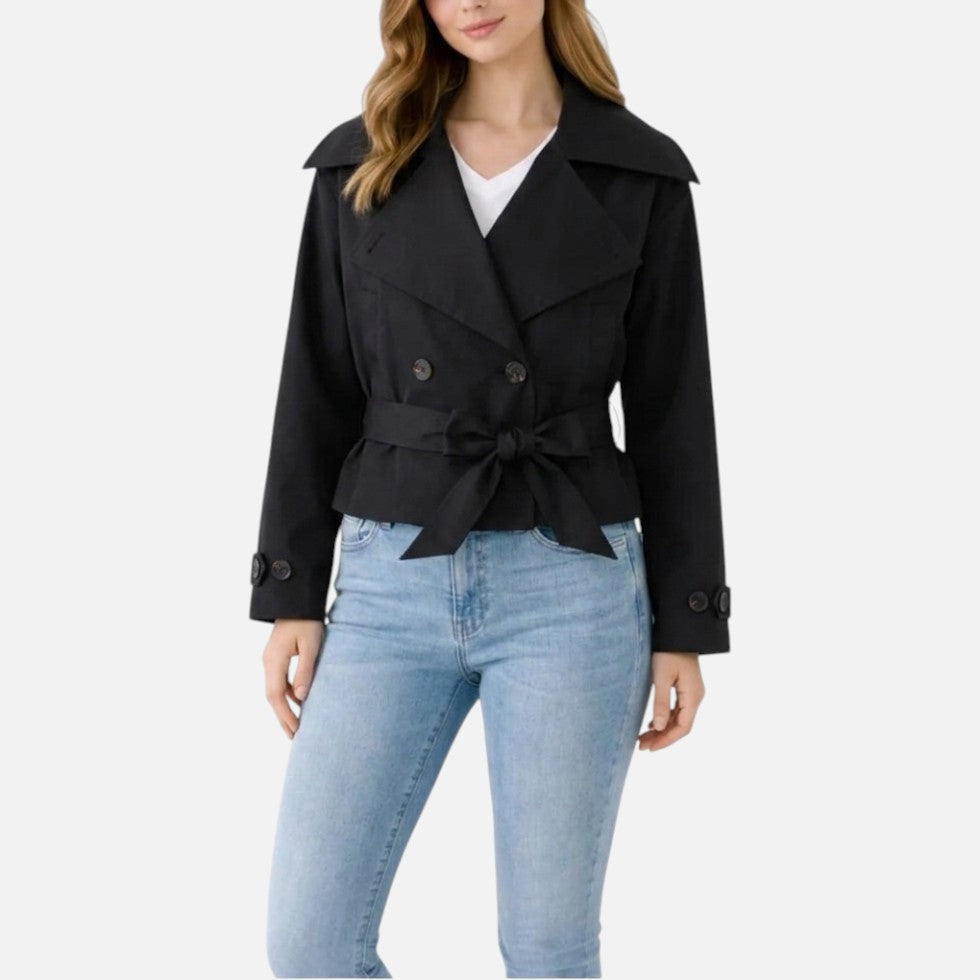 Belted Cropped Trench Jacket, Notch Collar - view 3