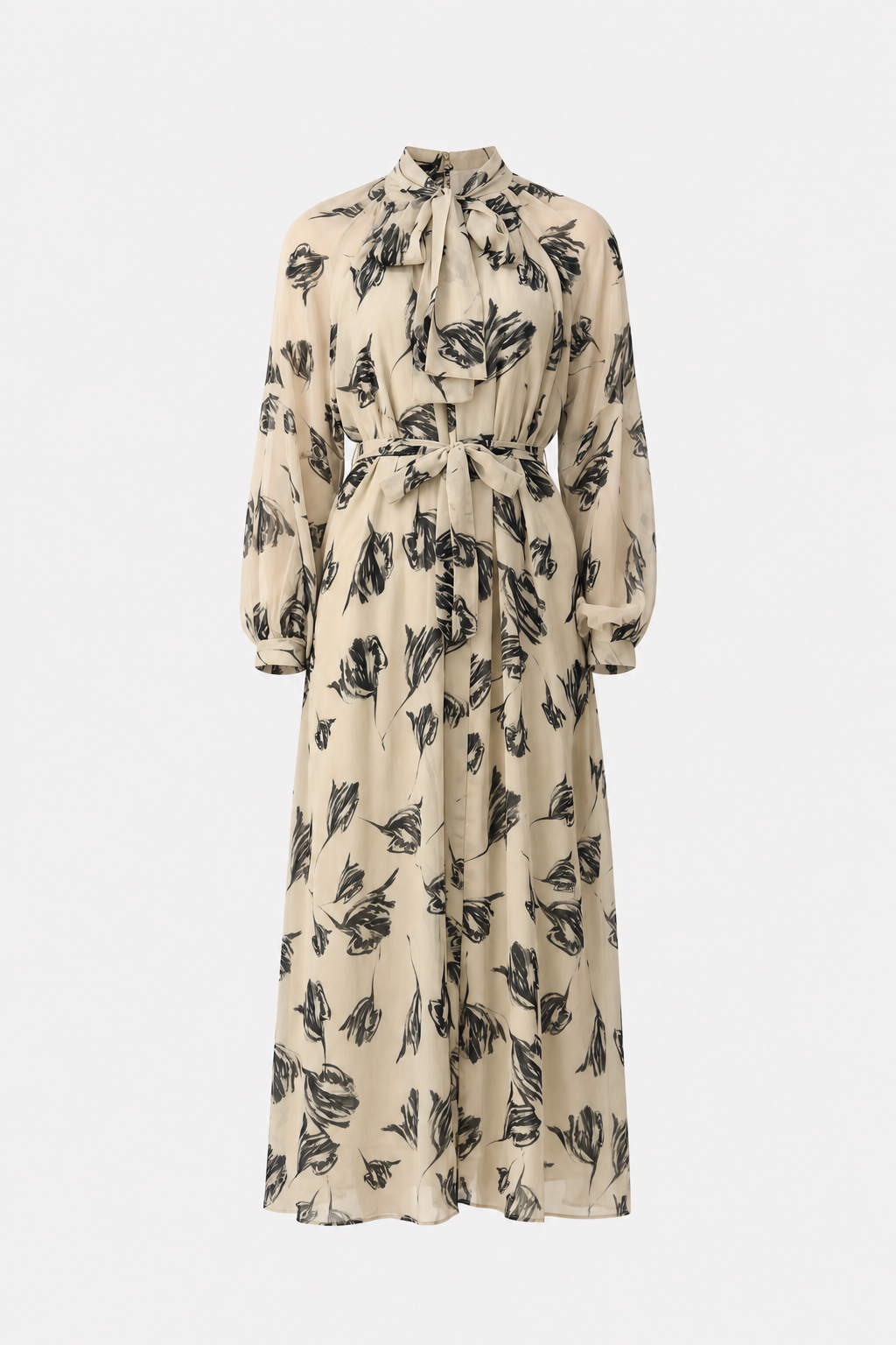 Beige Floral Chiffon Puff Sleeve Maxi Dress