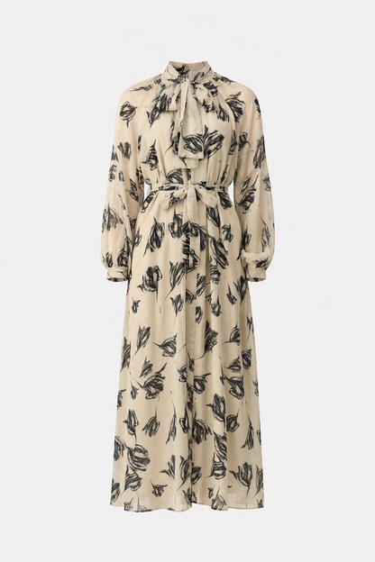 Beige Floral Chiffon Puff Sleeve Maxi Dress