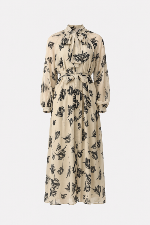 Beige Floral Chiffon Puff Sleeve Maxi Dress
