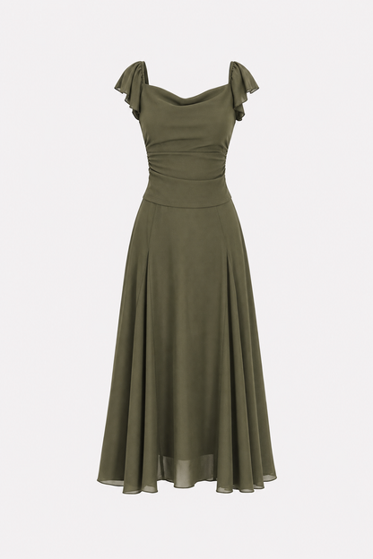 Green Mesh A-Line Midi Skirt, Elastic Waist