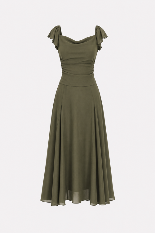 Green Mesh A-Line Midi Skirt, Elastic Waist