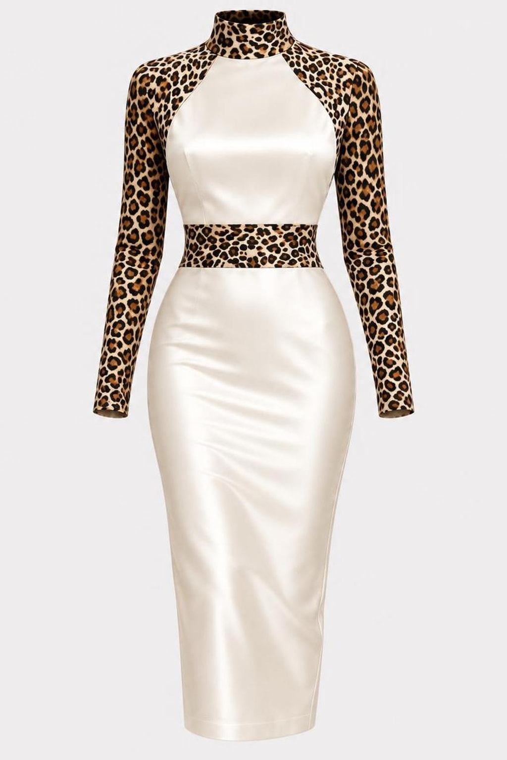 Satin Midi Dress With Leopard Print Sleeves - 1