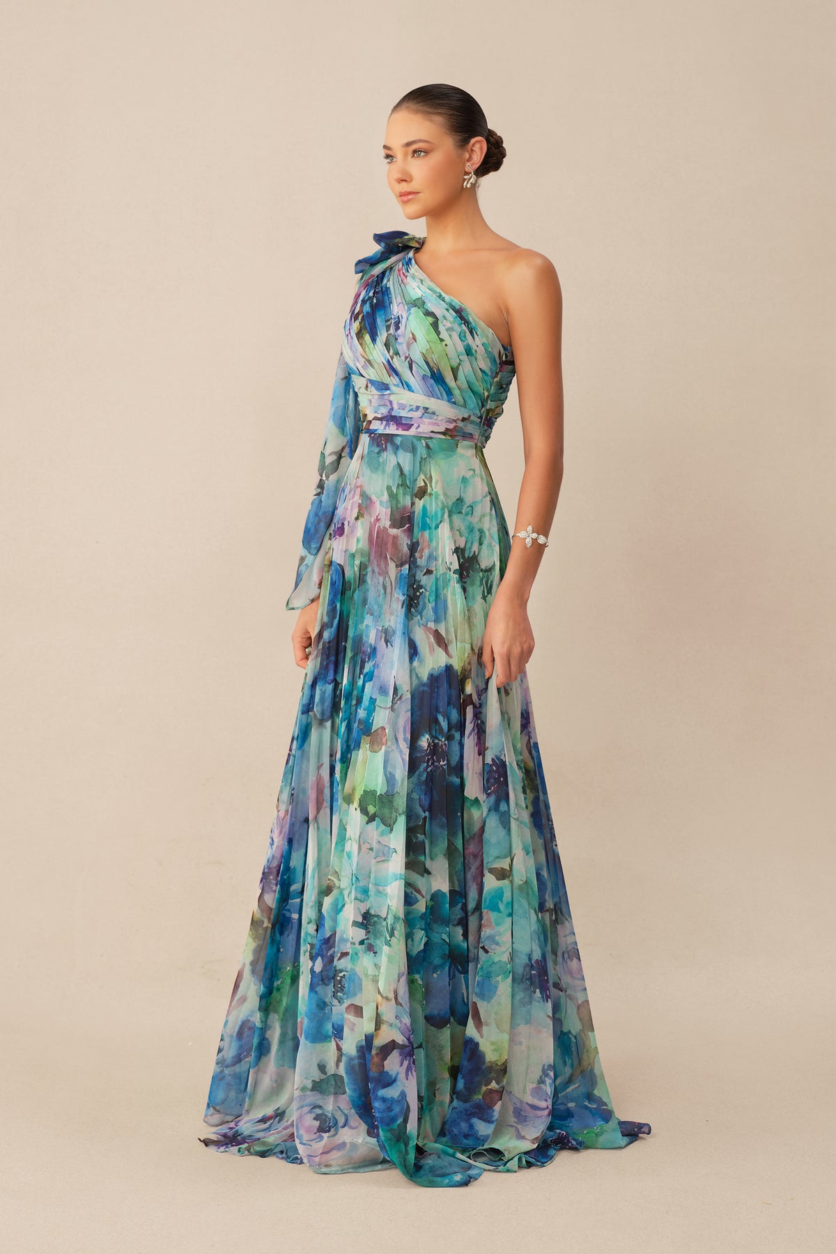 Blue One-Shoulder Pleated Chiffon Maxi Dress - view 5